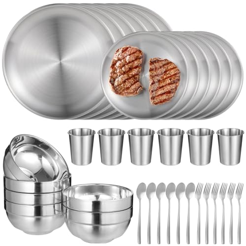 36 PCS Stainless Steel Dinnerware Set, Includes 12PCS 6.7 & 10.2 in Plates, 6 Pieces Bowls and 6 Pieces Cups, Spoons, Forks, Food-Safe Mess Kit for Home Kitchen, Camping, Picnic, Silver (Silver-C)