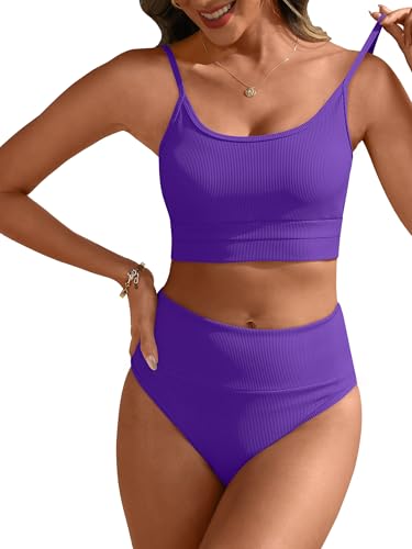 Image of ANRABESS Women's High Waisted Bikini Sets,Color Block 2 Piece Swimsuits,Tummy Control Bathing Suits,Thick Ribbed Beach Wear