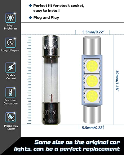 Alopee 20-Pack 6614 6614F LED Bulb 30mm(1.18″) 31mm(1.22″) 50 Lums White 3SMD 5050 Chips, 6612F LED Bulbs for Cars Interior Sun Visor Vanity Mirror Lights, License Plate Light
