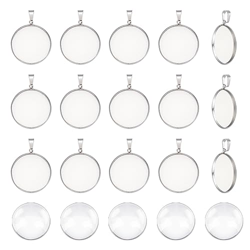 UNICRAFTALE 30 Sets Blank Dome Flat Round Pendant Tray 25mm Stainless Steel Cabochon Charms with Pinch Bails Blanks Bezel Pendant Trays with Glass Cabochon for DIY Necklace Jewelry Making