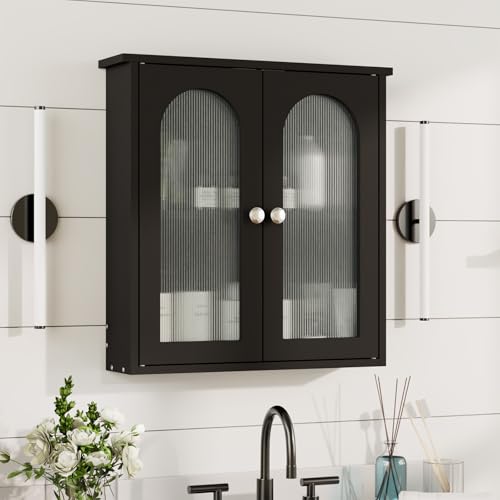 Armario de medicamentos para baño de 22x23 pulgadas, armario mural con arco, almacenamiento sobre inodoro, 2 paneles de puerta acrílicos, armario negro para baño/cocina/sala de estar