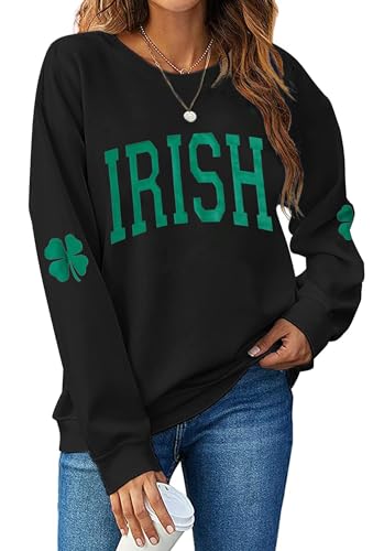 Urvatac Women St. Patricks Day Sweatshirts Shamrock Clover Print Shirts Casual Irish Gift Long Sleeve Loose Fit Tops