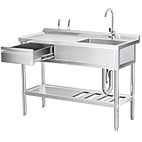 WOEDEN 47' 304 Stainless Steel Sink, Free-Standing Commercial Sink with Workbench, Drawer Storage & Hot/Cold Water Pipes for Laundry, Farmhouse & Outdoor Use
