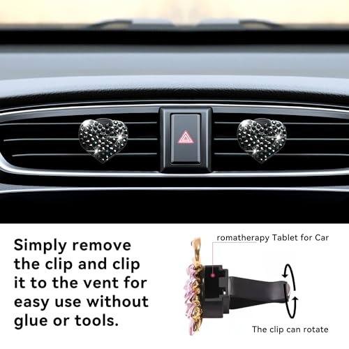 Image of Car Bling Air Vent Clips, 2 Pcs Bling Heart Charm Air Conditioning Outlet Clip, Crystal Rhinestone Accessories, Car Interior Decoration Cute Accessories for Women Girls (Black, Vanilla)
