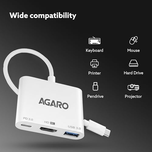 Image of AGARO 3-in-1 USB Type-C to HDMI Multi-Port Hub, 4K HDMI Output, USB 3.0 High-Speed Data Transfer, Type-C PD Fast Charging, Compatible with MacBook, Laptop, Tablet, Smartphone & All Type C Devices