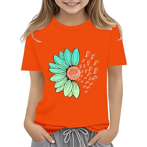Girls Loose Fit Sunflower Graphic T Shirts Short Sleeve Crewneck Cute Pattern Printed Tops Kids (I-Orange, 4-5 Years)