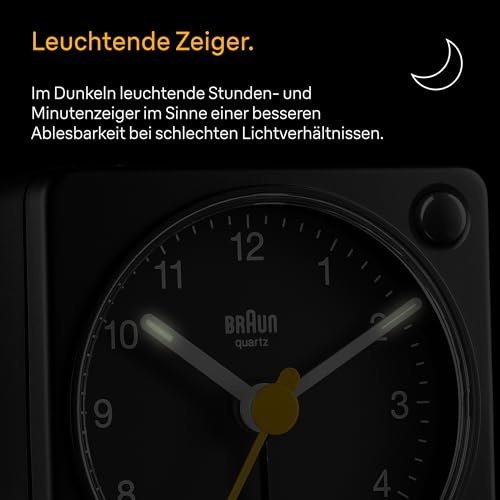 Braun Klassischer analoger Reisewecker mit Schlummerfunktion und Licht, kompakte Größe, ruhiges Quarzuhrwerk, Crescendo-Alarm, schwarzes Modell BC02XB.