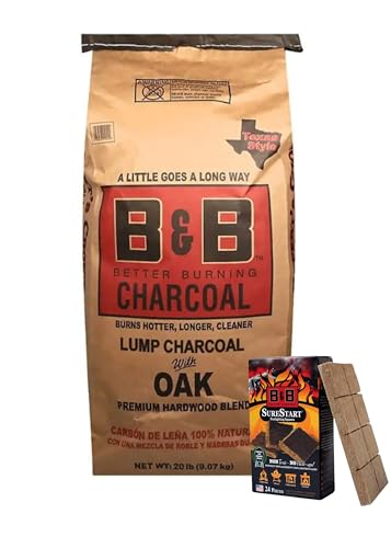 B&B Charcoal + 24 Firelighting Squares | Long-Lasting Clean-Burning Charcoal Briquets for BBQ Grilling & Smoking | No Chemicals or Fillers (20lb Oak + Firelights)