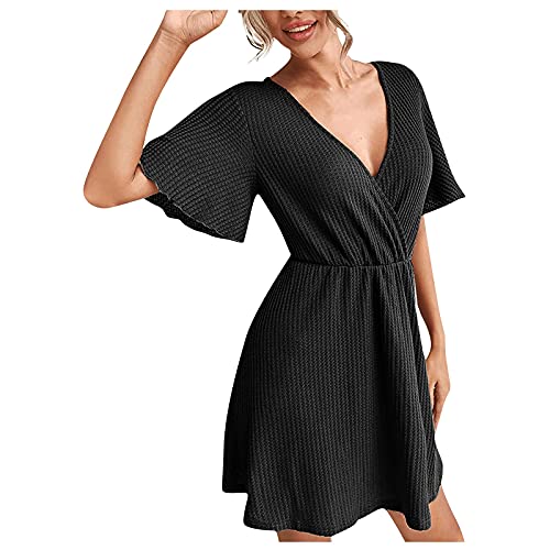 QWERTYU Women's Dress Solid Casual Deep V-Neck Short Sleeve Waist Tie Ruffle Mini Swing Dress Summer Loose Skater Dresses Black