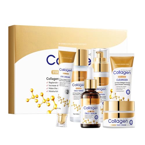 Collagen Skin Care Set 6PCS, Gesichtspflege Set, Anti Aging Pflegeset Damen, Straffend Damen Geschenkset mit Collagen Creme, Gesichtsreiniger, Face Toner, Kollagen Serum, Augencreme, Face Lotion
