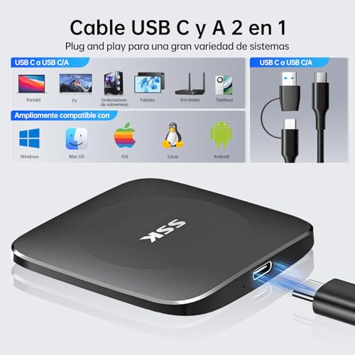 SSK Disco Duro SSD 256 GB, hasta 550 MB/s, USB 3.2 GEN2 SSD Portatil con Cable de Tipo C a USB C/A, Memoria de Estado sólido Externa rápido para el iPhone 15/Android/Windows/Tablet/Mac/Xbox - imagen 3