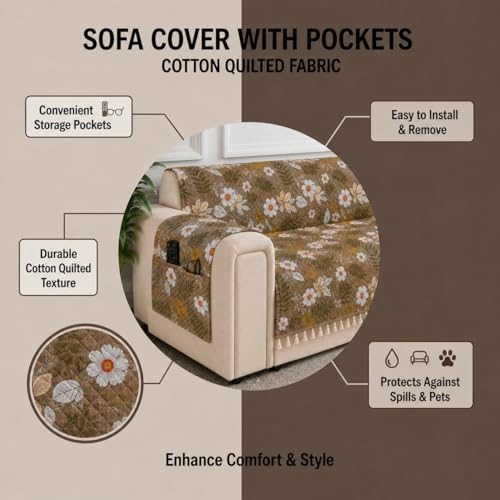 Image of STITCHNEST 'Frostvine Collection' 2 Seater Sofa Cover | Full Coverage with Armrest Pockets | Cotton Quilted Fabric, Decorative Tassels, Washable & Durable for Modern Living