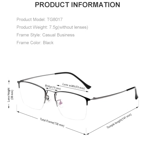 Image of Titanium Semi Rimless Prescription Glasses Frame For Men,Ultra Lightweight Optical Eyewear Frames Demo Lens 53mm