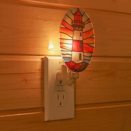 Image of Lighthouse Stained Glass Styled Night Light Plug in - Made with Real Glass, Bulb Included, On /Off Switch - Nautical Beach Theme Bathroom, or Beach House Accent Light Dusk Orange