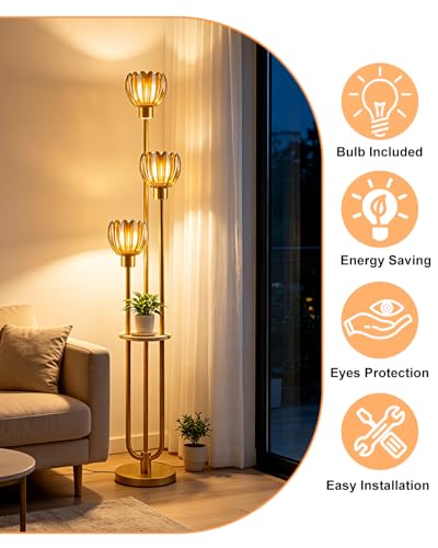 Image of Lightdot 3-Lights Glass Floor Lamp for Living Room Modern Gold Floor Lamps with Lotus Amber Glass Shade& Bulbs Included for Wedding /Party Tall Standing Lamp for Bedroom /Sofa Beside /Corner Decor