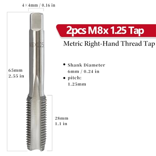 Image of 2Pcs M8x1.25 Metric Hand Tap, Right Hand M8 x 1.25mm Taper & Plug Thread Tapping Tool for Cutting Internal Threads, Made of Alloy Tool Steel