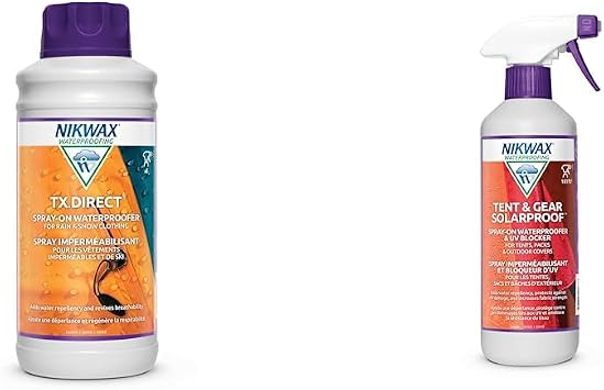 Nikwax TX.Direct 1000ml Spray-On Waterproofing Refill and Tent & Gear Solarproof 500ml Spray Waterproofing and UV Protector