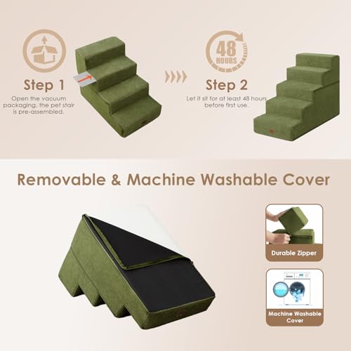 Image of EHEYCIGA Dog Stairs for High Bed 22.5 inch H, 5-Step Dog Steps for Bed, Pet Steps for Small Dogs and Cats, Non-Slip Balanced Pet Ramp Indoor, Olive Green