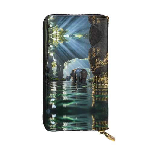 Portefeuille long en cuir noir imprimé éléphant asiatique pour femme avec multipoches