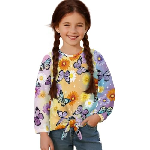 Girls Long Sleeve Shirt with Tie Front,Crew Neck Soft Teens T-Shirt,Fashionable Loose Girls T-Shirt