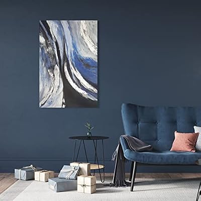 YPY Blue Abstract Canvas Wall Art: Sea Wave Hand Painted Textured Paintings Living Room Decor, Black Grey Modern Picture Print Artwork Huge Framed Poster Home Decoration 24 x 36