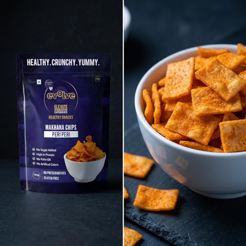 Image of Evolve Makhana Chips Healthy Snacks for Kids, Adults, Gluten Free, Low Calorie, No Palm Oil, Vacuum Fried, Peri Peri Flavor - 100g Pack of 6