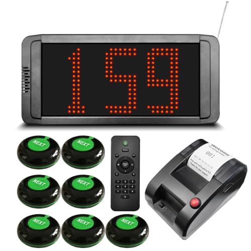 Take a Number System Queue Wireless Calling System with 1 Electronic Number Display 7 Next Call Button 1 Ticket Dispenser Printer 57mm Thermal Receipt Paper Rolls 1 Remote Control for Counter Window