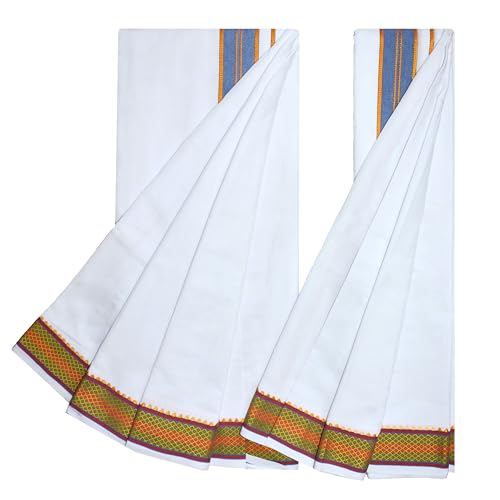 Image of TUNI MANI Men's Panchakacham Dhoti with Angavasthram with Zari Border, Cotton, Size: 9 X 5 (4.0mtr Dhoti, 2.25mtr Towel)