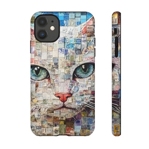 Coque rigide mate iPhone 11 collage visage de chat bleu artistique