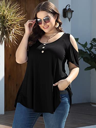 LARACE Cold Shoulder Tops for Women Plus Size V Neck T Shirts Short Sleeve Summer Clothes Button Up Tunic3