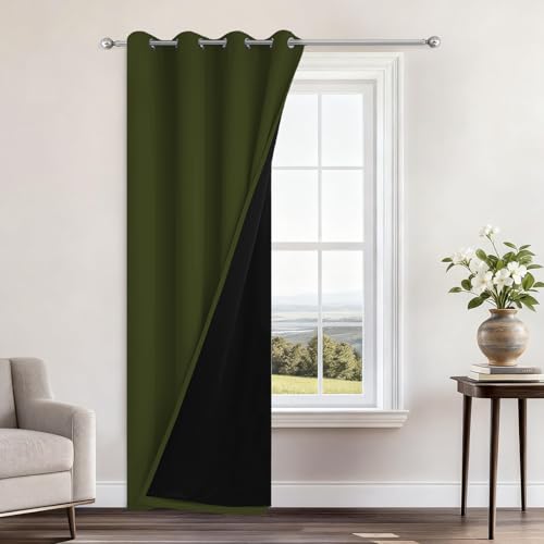 Image of Yakamok Olive Green 100% Blackout Curtains 84 Inches Long 52 inch Wide 1 Panel | Blackout Curtain Panels for Bedroom, 2 Thick Layers Grommet Top Thermal Insulated Drapes with Black Liner for Living Room