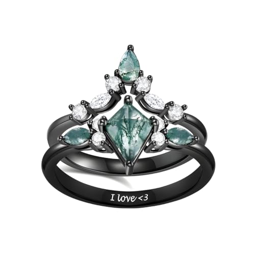 Black Moss Agate Engagement Ring Set for Women - Custom Kite Cut Moss Agate Wedding Ring, Personalized Promise Ring for Her Wife Bridal