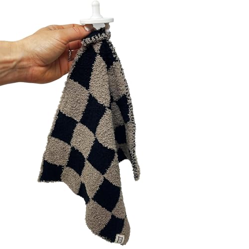 Image of L+L USA Checkered Baby Lovey Pacifier /Teether Holder 10 inchx10 inch - DreamSoft Plush Fluffy Cuddly Soothie Reversible Mini Comfort Blanket - Cute Newborn Gift Essential for Babies Boys Girls (Black /Brown)