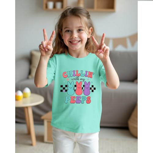 Image of Girls Easter Bunny Shirts Chillin with My Peeps Letter Print T-Shirt Cute Rabbit Short Sleeve Tee Tops
