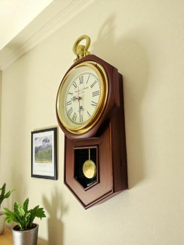 Image of Franklin & Murphy Vintage Wall Clock with Pendulum | Antique Wooden Wall Clock Oxford Design | Roman Numeral Decorative Clock | Silent Quartz Non-Ticking Classic Wall Decor