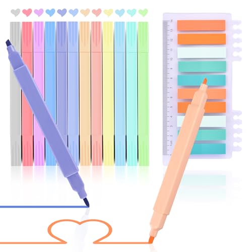 Aunphuw Subrayadores Colores Pastel, 12 Piezas Fluorescentes Multicolor Doble Cuadrado Punta Rotuladores Marcadores Estésico+10 Etiquetas Coloridas para notas, escuela, revistas, Cuadrado