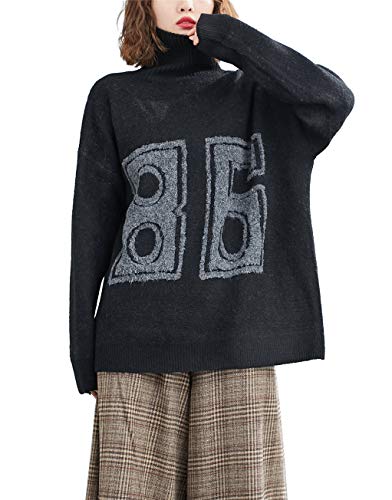 ellazhu Women Loose Turtleneck Long Sleeve Pullover Drop Shoulder Sweater GA2160 Black