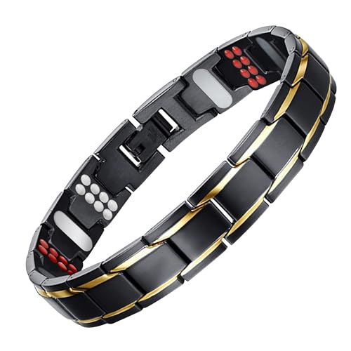JFUME Pulsera magnética para hombre y mujer chapada en oro 18K con pulsera de acero inoxidable negro PVD y herramienta de eliminación de enlaces ajustable a 8,5 pulgadas