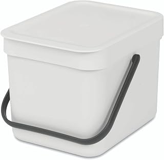Waste Bin, 1.6 Gallon Kitchen Compost Caddy, White, Compact Food Waste Container with Carrying Handle, Removable Stay-Open Lid, Space-Efficient Design