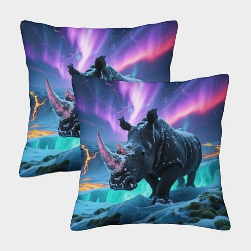 Funda De Cojín con Rinoceronte Juego De 2, Microfibra Suave Funda De Almohada con Cremallera Invisible, Funda Cojín Decorativo para Sofá Coche Cama Sillas, 45x45cm