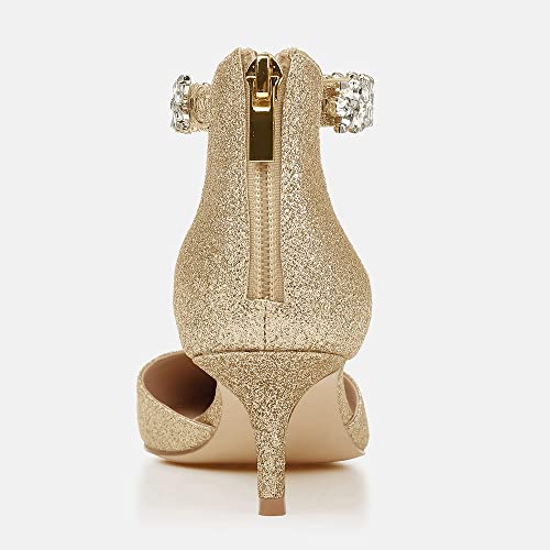 Image of Women's Wedding Rhinestones Low Kitten Heels Pumps Pointed Toe Dress Evening Shoes for Women Bridal Bride, Gold, Size 8
