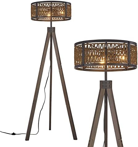 Zhizenl Wood Tripod Floor Lamp, Mid Century Standing Lamp with Rattan Lampshade, 40W E26 Farmhouse Modern Floor Lamp for Living Room, Bedroom, Study, Office
