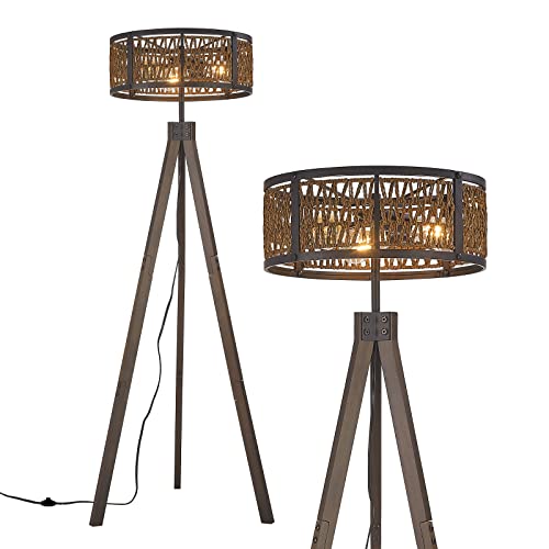 Zhizenl Wood Tripod Floor Lamp, Mid Century Standing Lamp With Rattan Lampshade, 40W E26 Farmhouse Modern Floor Lamp For Living Room, Bedroom, Study, Office #TOP2