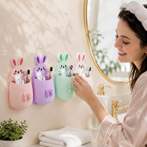 Image of Cute Rabbit Wall Mounted Toothbrush Holder | Self Adhesive Bathroom Organizer for Toothbrush, Toothpaste, Comb & Makeup Brushes | Bathroom Accessories for Kids & Home (4 REBIT HODER)