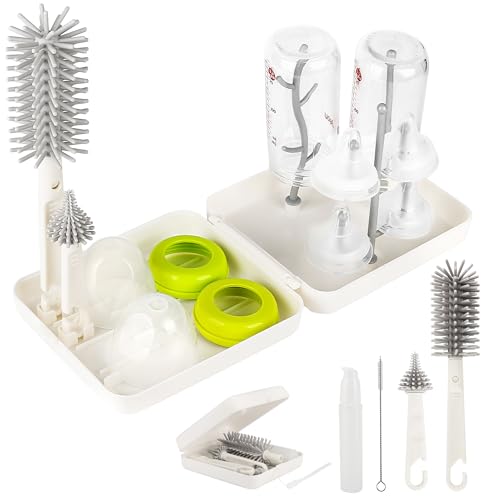 Kit de limpiador de biberones de viaje, juego de limpieza de cepillo de silicona para biberones con estante de secado de botellas, cepillo de pezón, dispensador de jabón, cepillo portátil 6 en 1 para