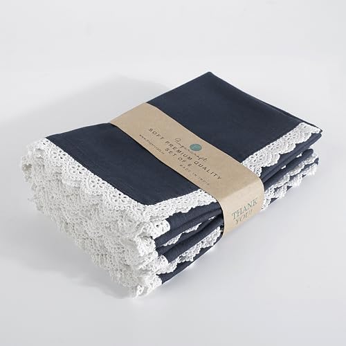 Image of FINGERCRAFT Cloth Napkins Set of 6, 20x20 Inch, Cotton Linen Blend Table Napkins with Premium White Lace Edge, Reusable Washable Dinner Napkins for Wedding, Festive Dining, Parties & Home Decor (Navy)