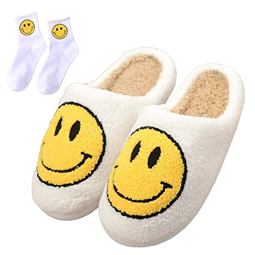 Smiley Face Slippers For Women - Fuzzy Smiley Slippers With Smile - Fluffy Happy Face Slides Home Slippers