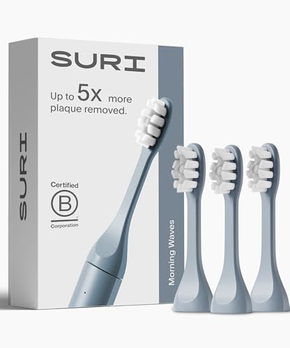 SURI Recyclable Plant-Based, Electric Toothbrush Heads - Built-in Tongue Scraper, Long Lasting Replacement Heads | Compatible Only with SURI Sonic Electric Toothbrush - Morning Waves, Pack of 3