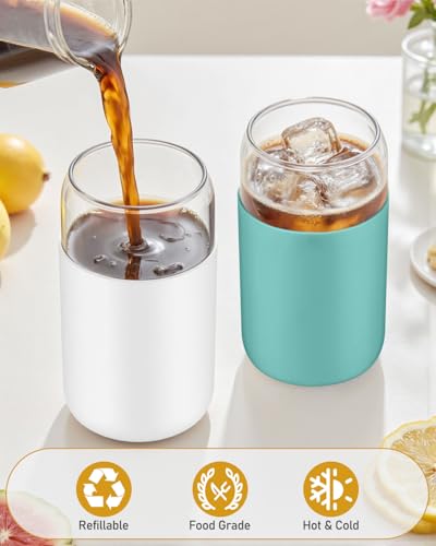 Image of sungwoo Glass Cups with Lids and Straws, 4 Pack 16OZ Iced Coffee Cups with Silicone Sleeve, Glass Tumbler with Straw and Bamboo Lid, Home Essential Drinking Set for Juice, Cocktail and Tea White&Green