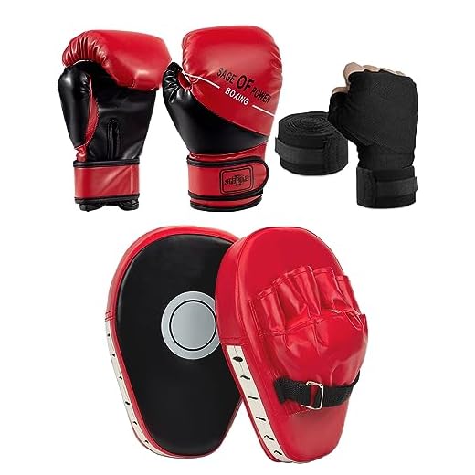 Mamxwaga 6 oz Kinder Boxhandschuhe und Box Pratzen Set, PU Handpratzen Boxpratzen Boxpads Mitts mit Boxbandage, Schlagpolster für Junior Kampfsport Kickboxen Muay Thai Kick Boxen Training